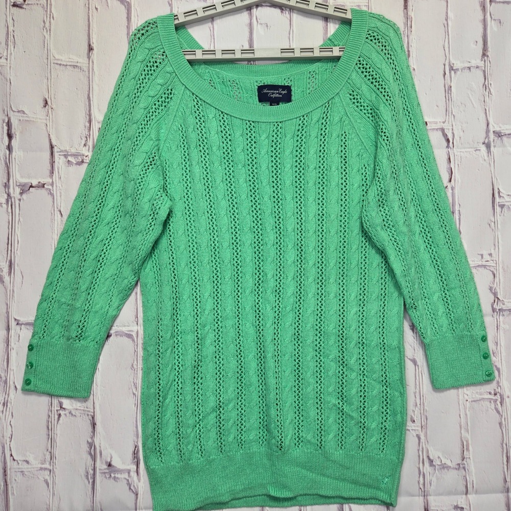 Y2K American Eagle Sweater Mint Green Cable Knit Button Cuff Pullover Womens XL